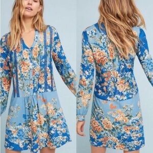 Anthropologie Tiny Giana Drop Waist Long Sleeve Floral Mini Dress in Blue XS